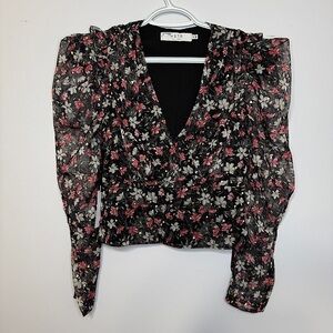 ASTR the Label Floral Smocked Puff Sleeve Blouse - Size M fuchsia gold floral